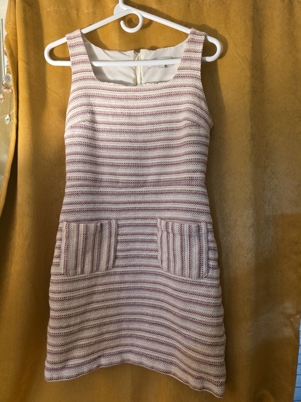 Sleeveless Striped Knit Shift Dress in White and Mauve